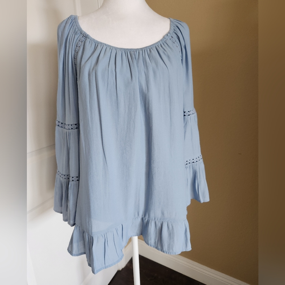 INC International Concepts Women's Ruffled Crochet-Trim Top, Blue,  Size Medium - Picture 2 of 8